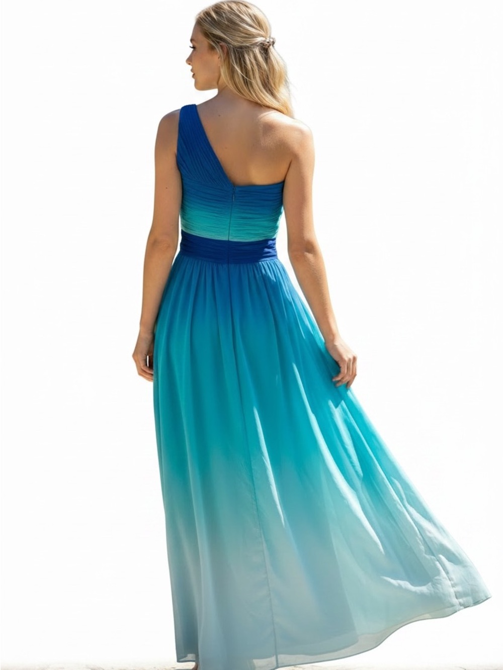BCBGMAXAZRIA Silk One-Shoulder Ombre Blue Maxi Gown